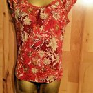 Liz & Co Women’s Large Pull Over Top Red Floral Low Cut Short Sleeves100% Cotton