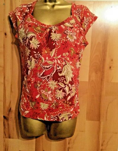 Liz & Co Women&acirc;��s Large Pull Over Top Red Floral Low Cut Short Sleeves100% Cotton