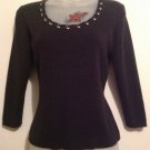 Rafaella Women's Petites Small Sweater Black Loophole Neckline 100% Cotton