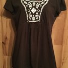 Style & Co Petite Women's M Brown Short Sleeve Top Embroidered SquareNeck Empire