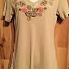 Karen Scott Women’s Size S Beige Pullover Top Floral V-Neck Short Sleeves