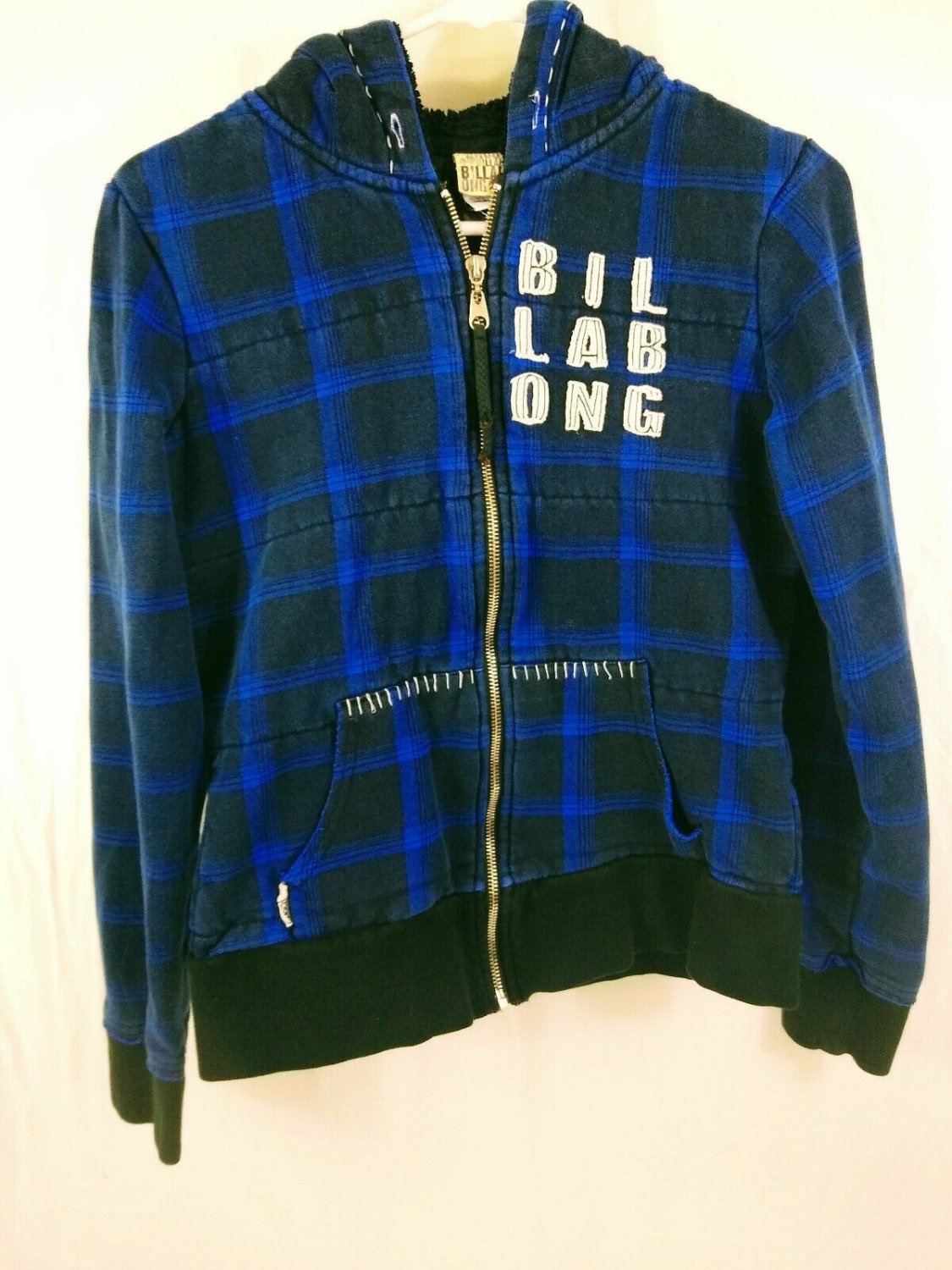 Billabong Cotton Blend Blue Black Plaid Zip Up Hoodie Girls Size L