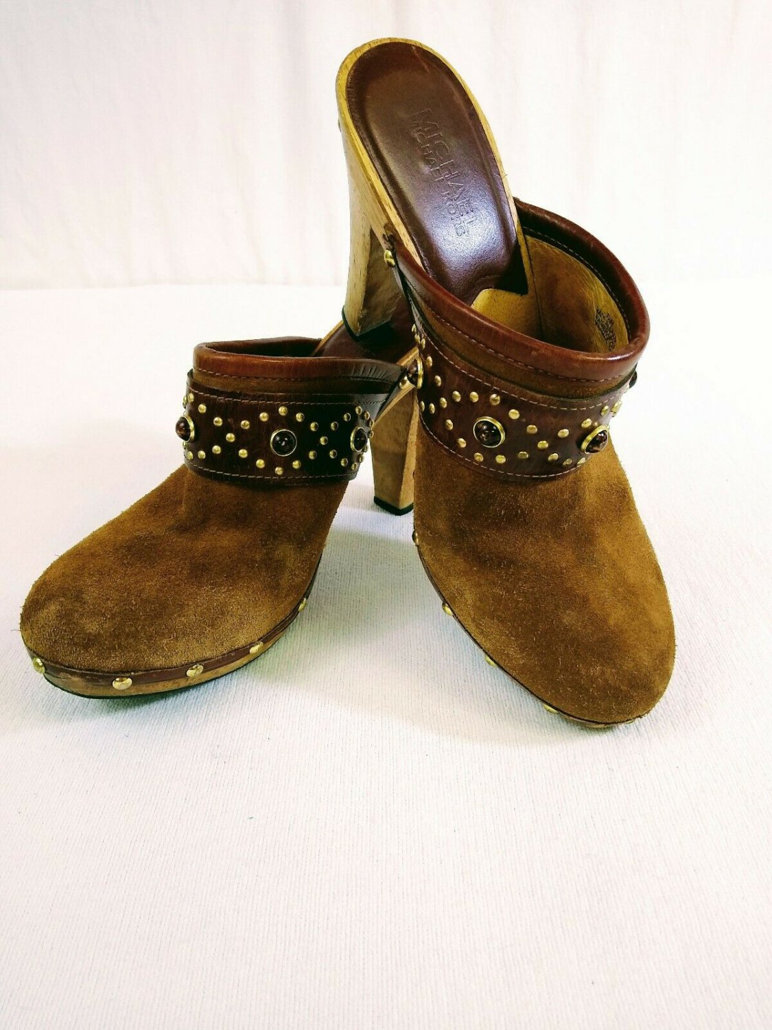 Michael Kors Brown Suede/Wooden High Heel Clog Slip-On Womens Shoes Size 7.5 M