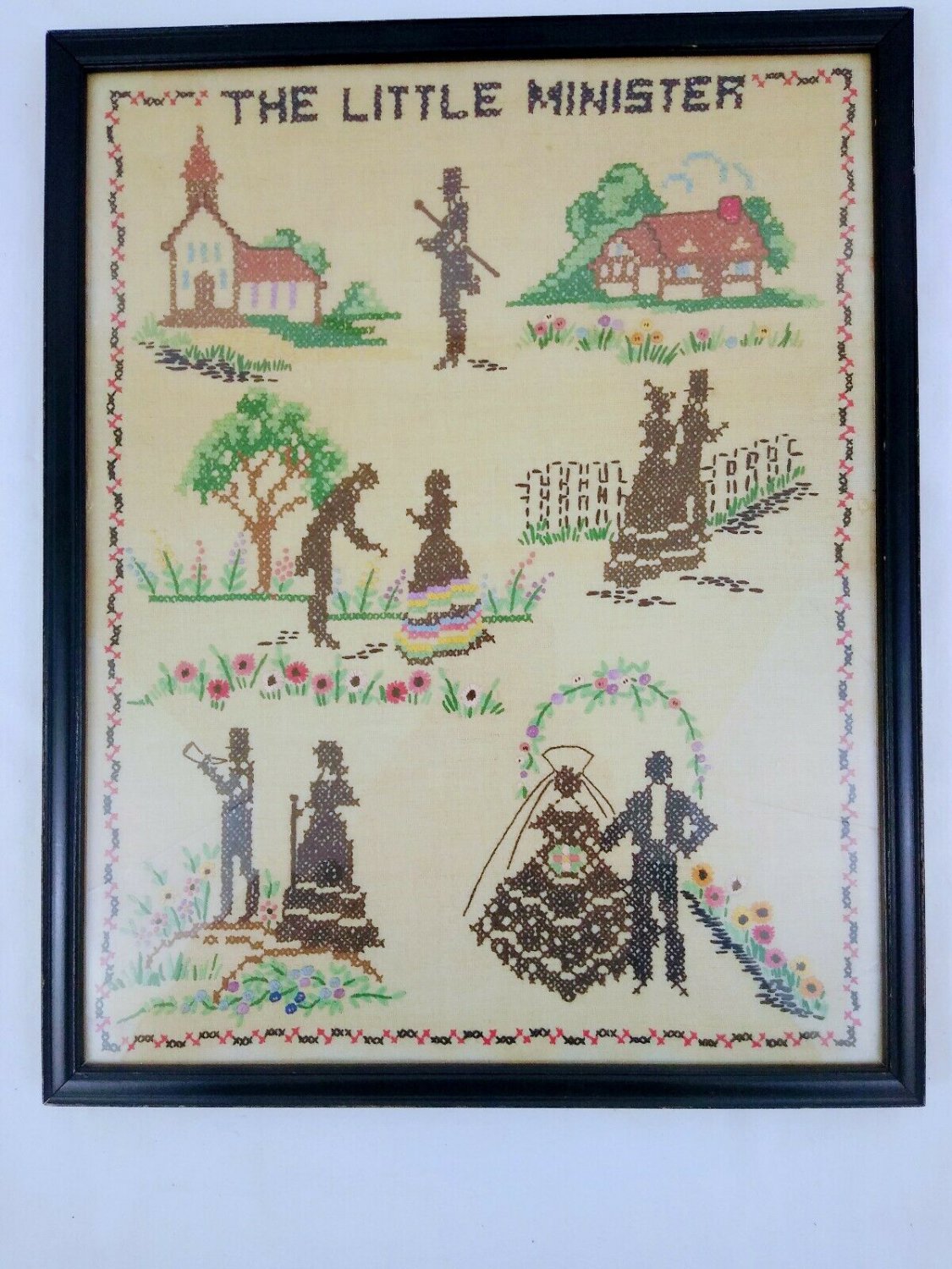 Vintage Linen Cross-stitch Needle Work Framed Sampler "The Little Minister"