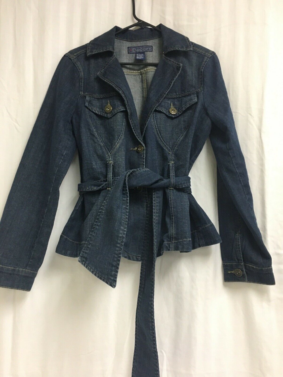 Baccini Jean Jacket Front Tie Womens Size Large Bling Back Blue Jean
