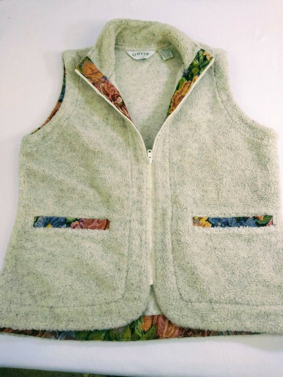 Orvis Cotton Blend Beige Sherpa Womens Vest Tapestry Accents Size Medium