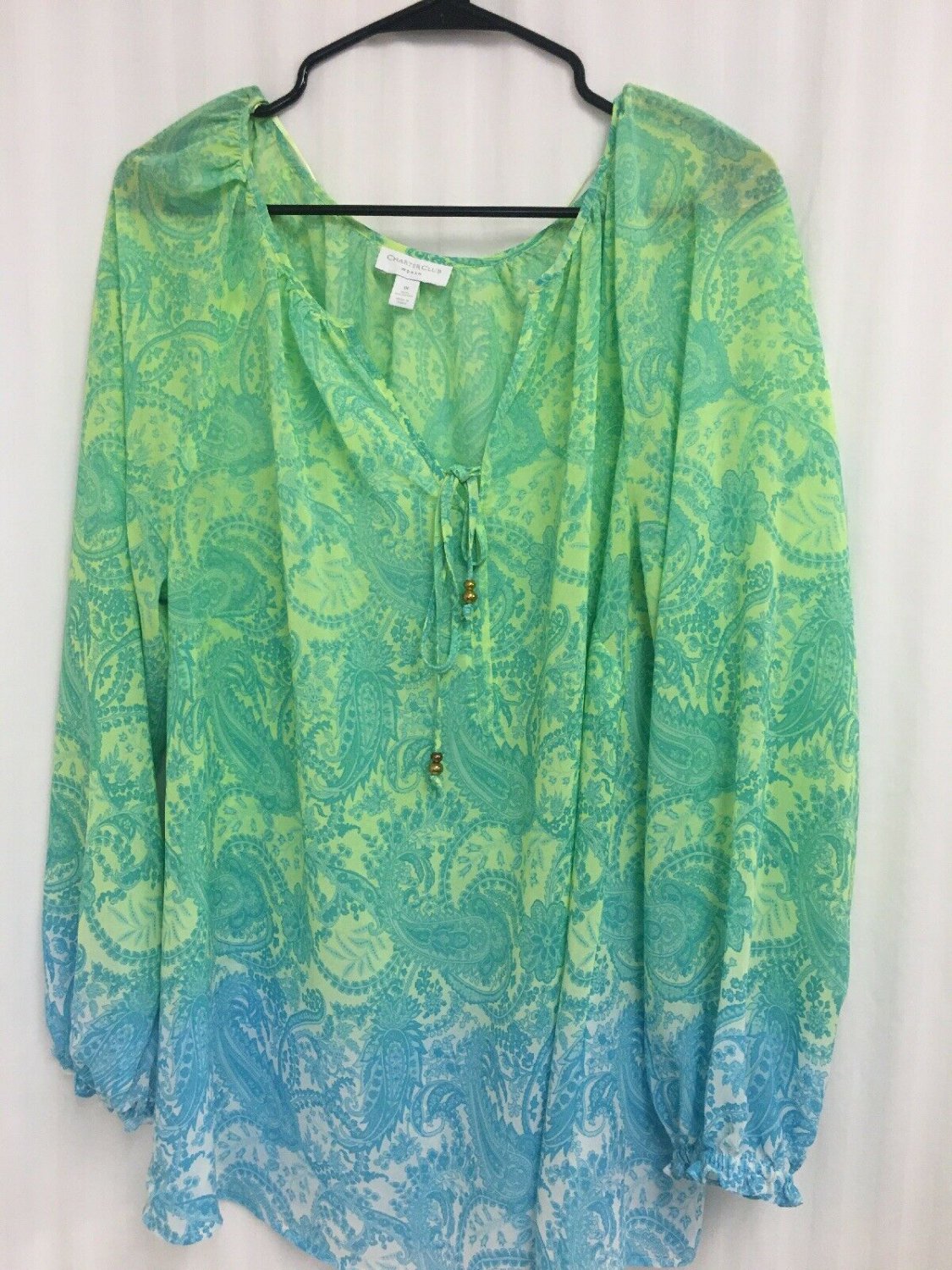 Charter Club Blouse Pullover Sheer Womens 1X Colorful Elastic Cuffs Long Sleeve
