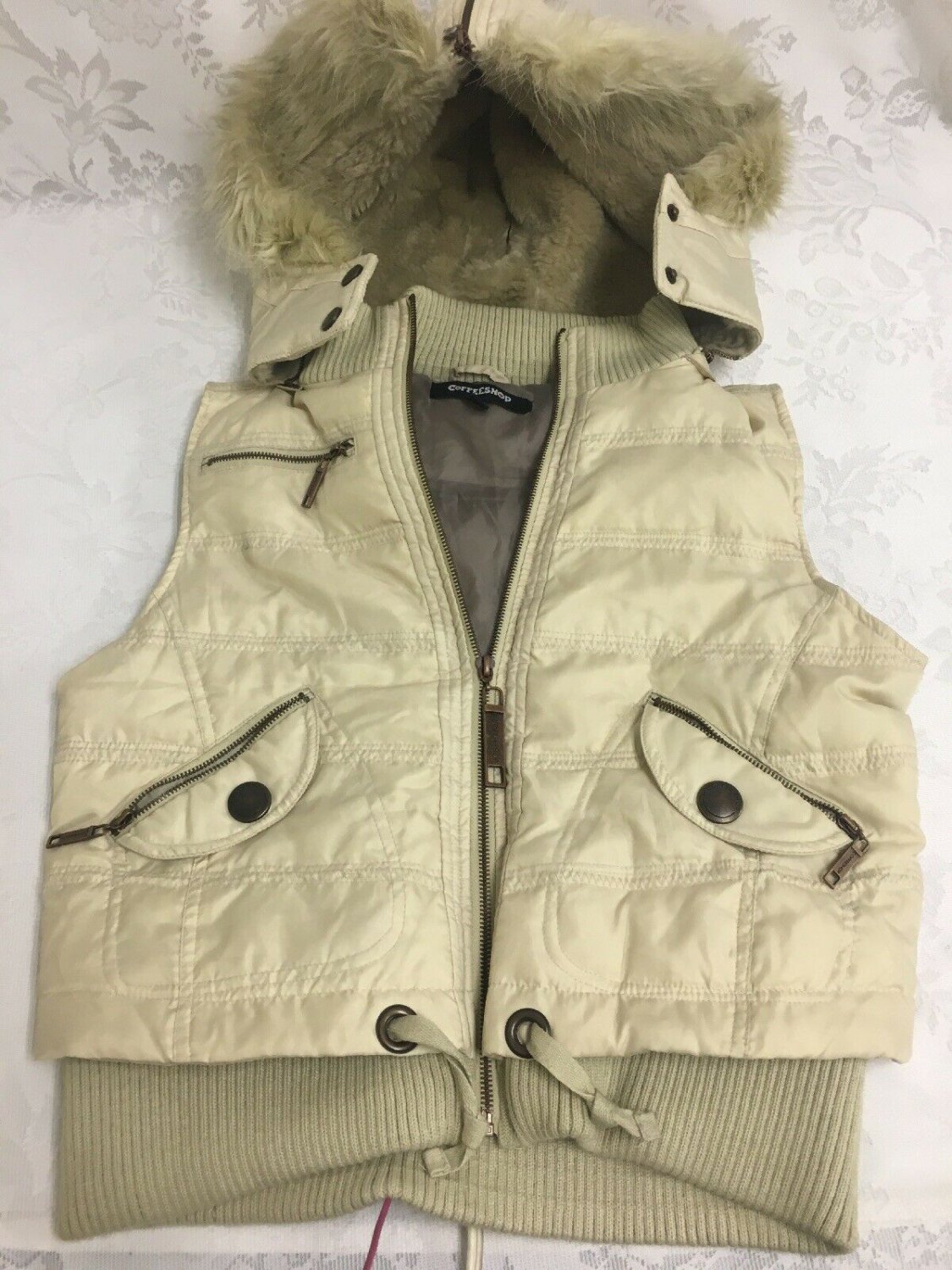 Coffeeshop Vest Womens Large Removable Hood Cream Color