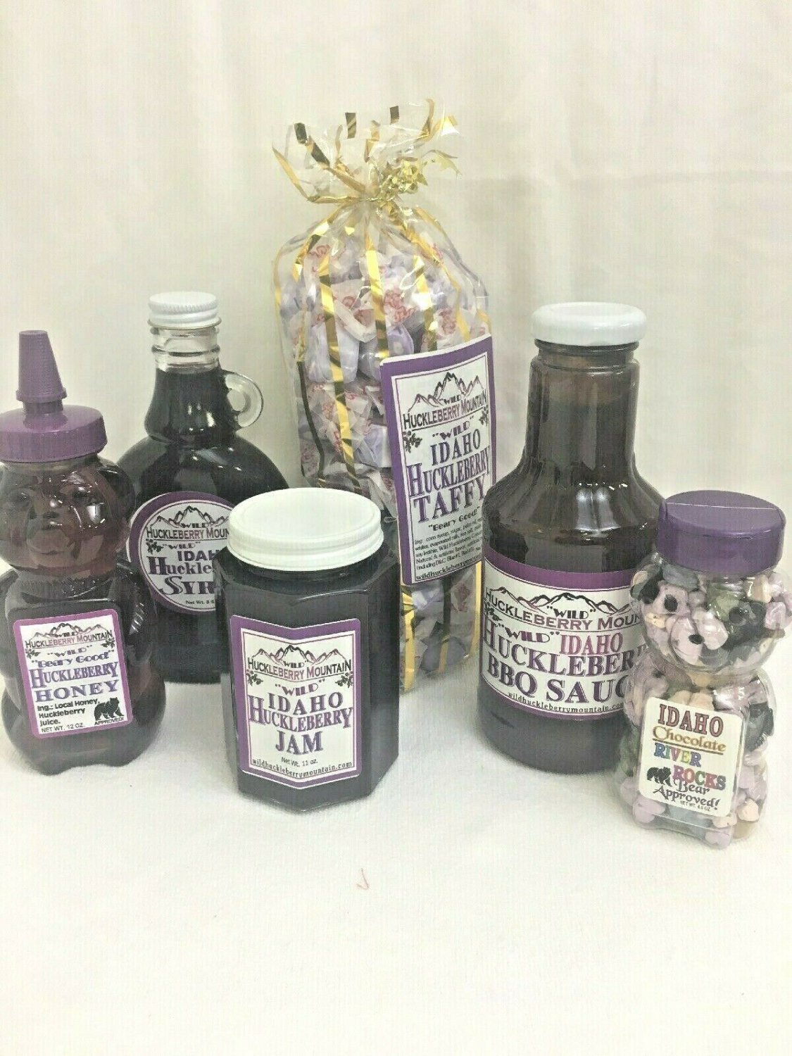 Huckleberry Gift Pack Jam Taffy Honey Syrup Bbq Chocolate Rocks Idaho Wild 6 pc