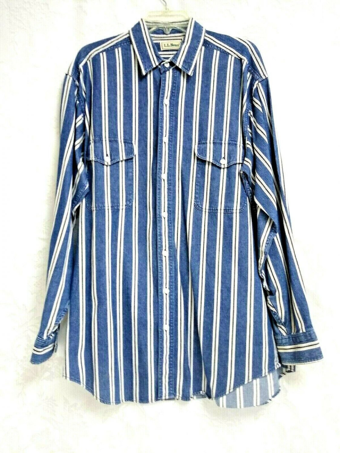 LL Bean Button Up Shirt Men&acirc;��s Size Large TALL  Striped Cotton Long Sleeve
