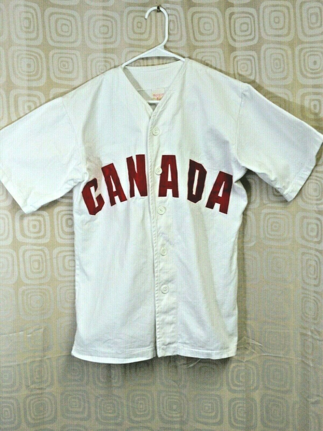 Canada Baseball Jersey Heavy White Denim Red Satin Lettering Size Medium