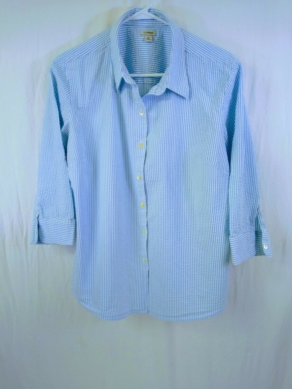 LL Bean Blue White Striped 100% Cotton Textured Womens Shirt/Blouse Size XL