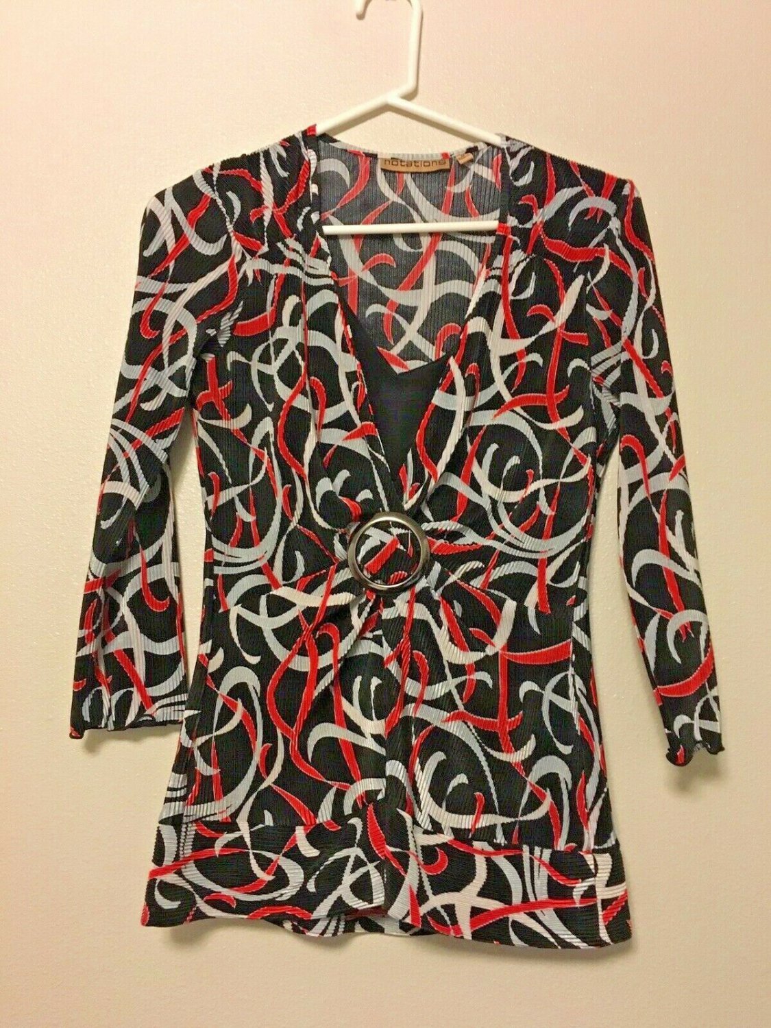 Notations Blouse Top Womens Size Medium Stretch Black Red Silver