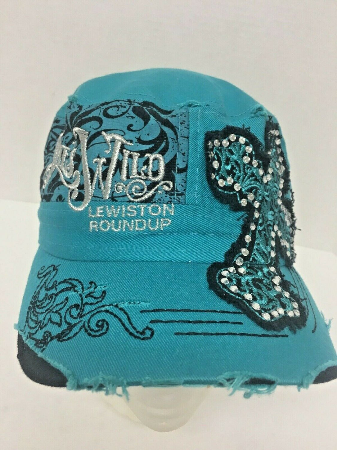 Shes Wild Lewiston Roundup Baseball Cap Teal Bling Cross Distressed Adjustable