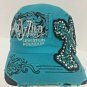 Shes Wild Lewiston Roundup Baseball Cap Teal Bling Cross Distressed Adjustable