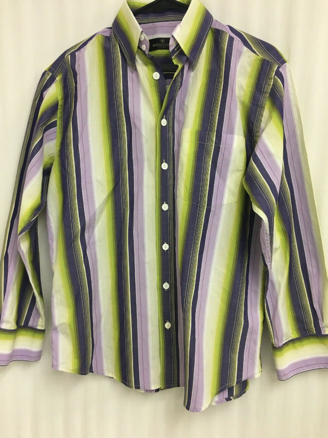 Bugatchi Upmost Button Up Mens Small Striped Purple Green White Long Sleeve