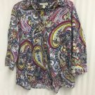 Dana Buchman Blouse Top Womens Size XL Paisly Multi Color Button Up 3/4 Sleeve