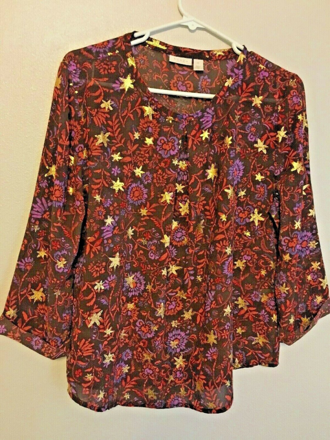 Hinge Blouse Women's Size Medium Sheer Gold Stars Short Top
