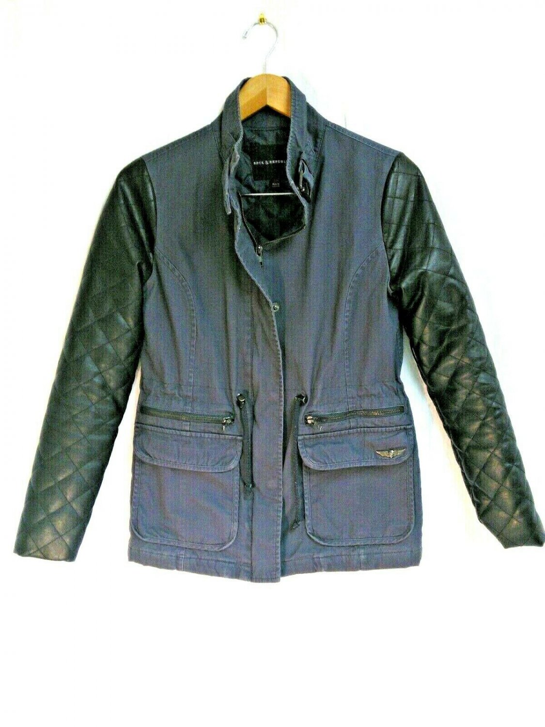 Rock & Republic Womens Jacket Faux Leather Quilted Sleeves Fully Lined Size XS
