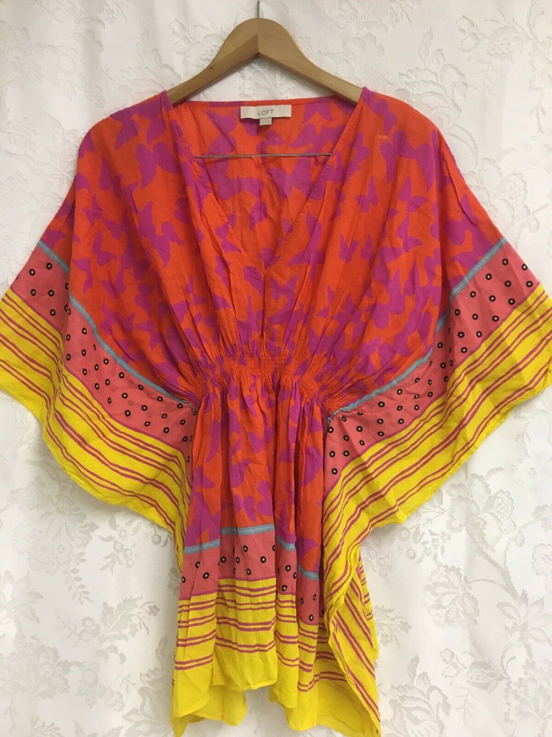 Loft Blouse Top Butterfly Sleeve Colorful Womens XS 100% Cotton