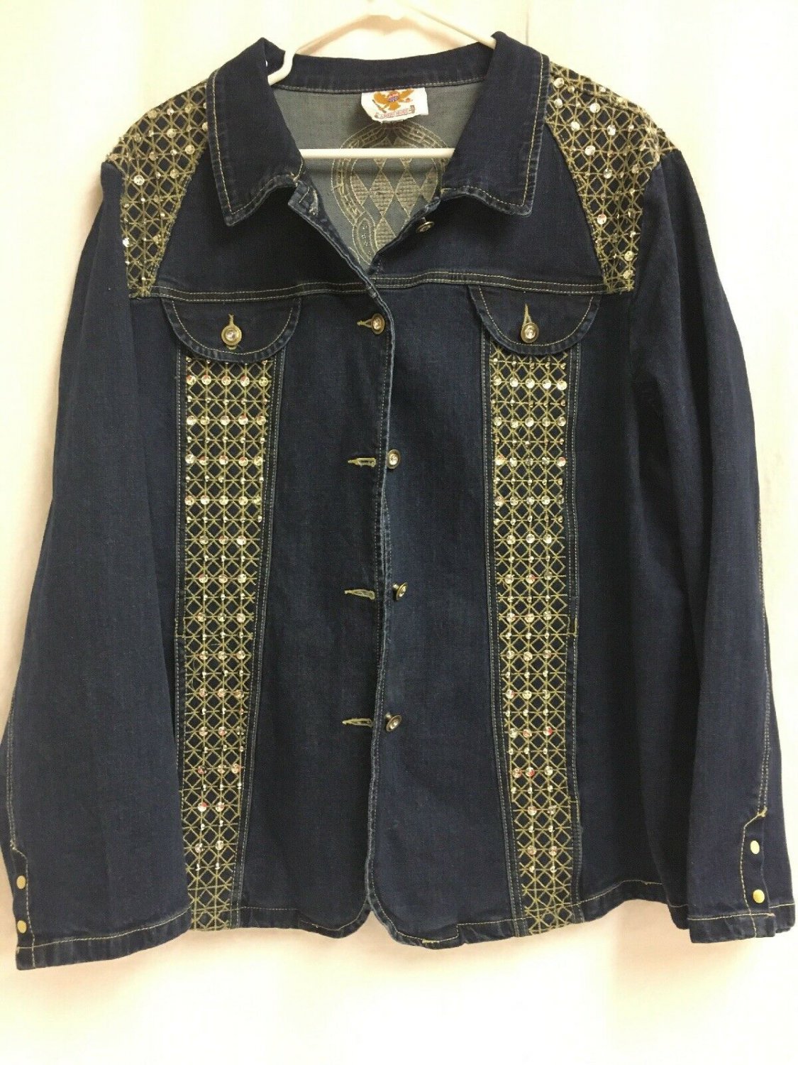 Ameri Mode Jean Jacket Bling Studs Button Front Denim Spring Coat Womens Size XL