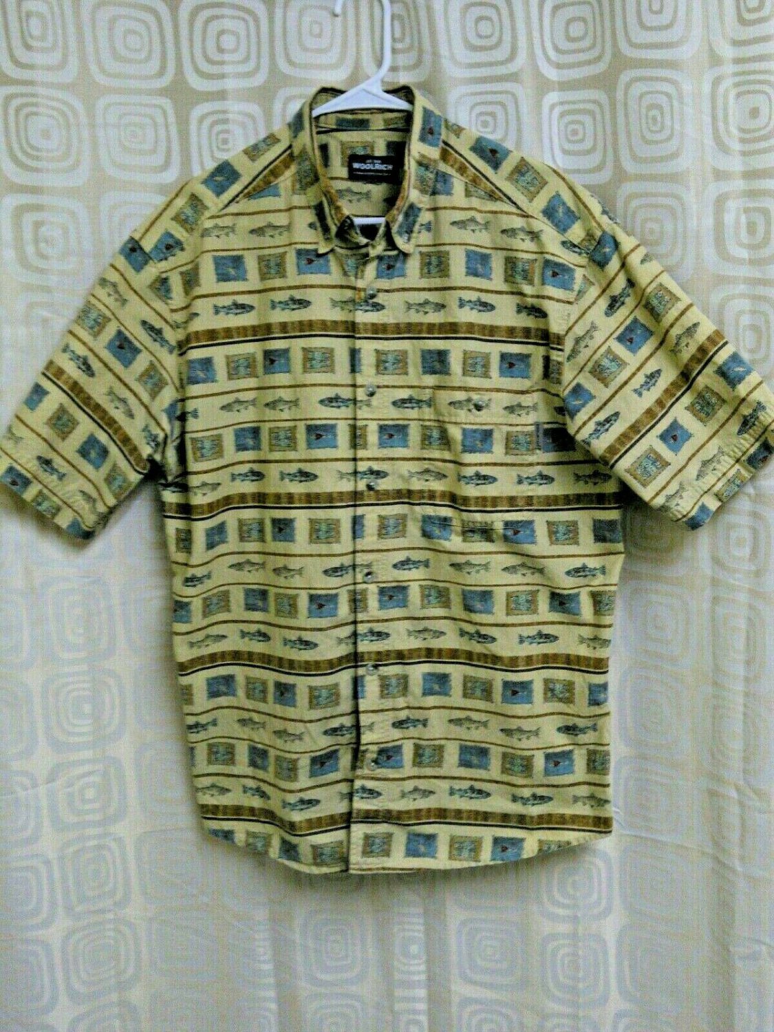 WOOLRICH Cream Fish Stripe Men's Short Sleeved Shirt Size L NICE