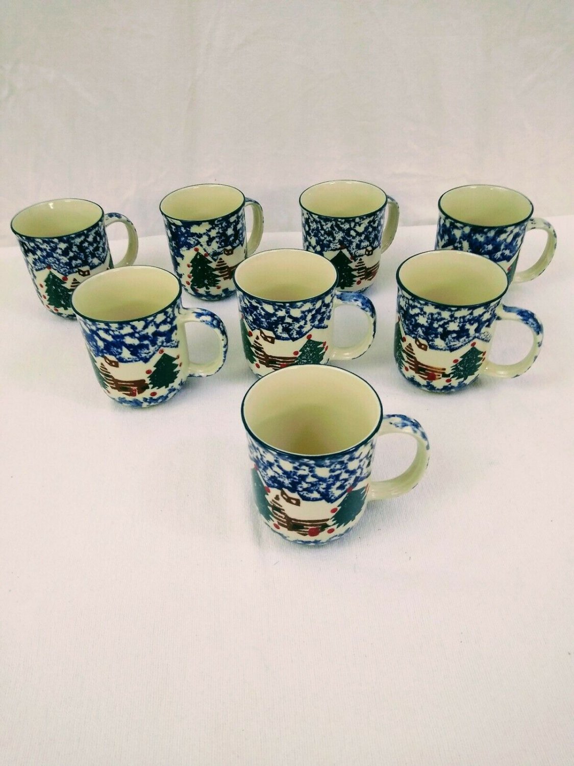 Folk Craft Cabin in The Snow By Tienshan Lot Of 8 Cocoa/Coffee Mugs VERY NICE