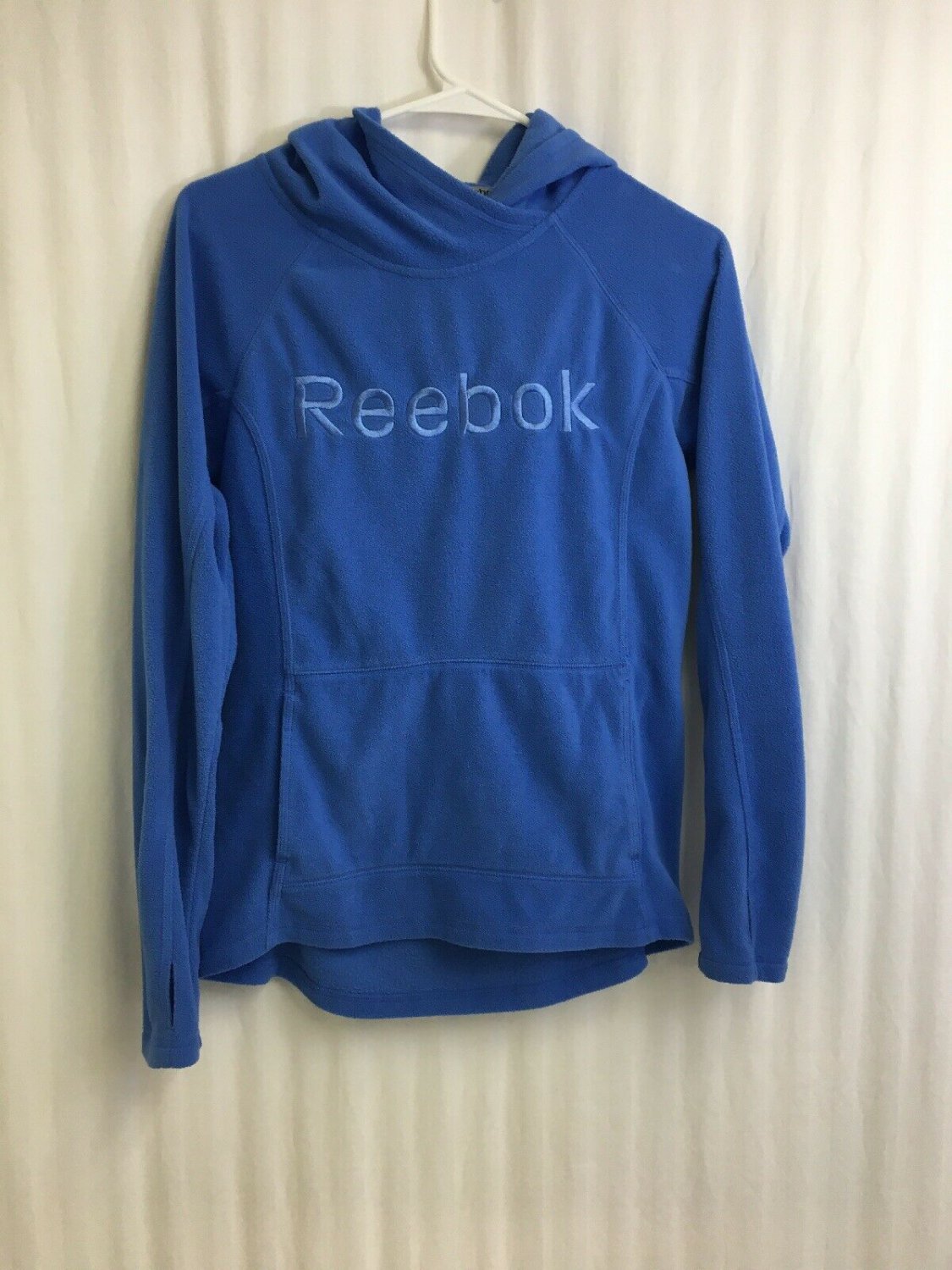 Reebok Fleece Pullover Womens Size XS Blue Thumb Holes Pouch Pocket Logo