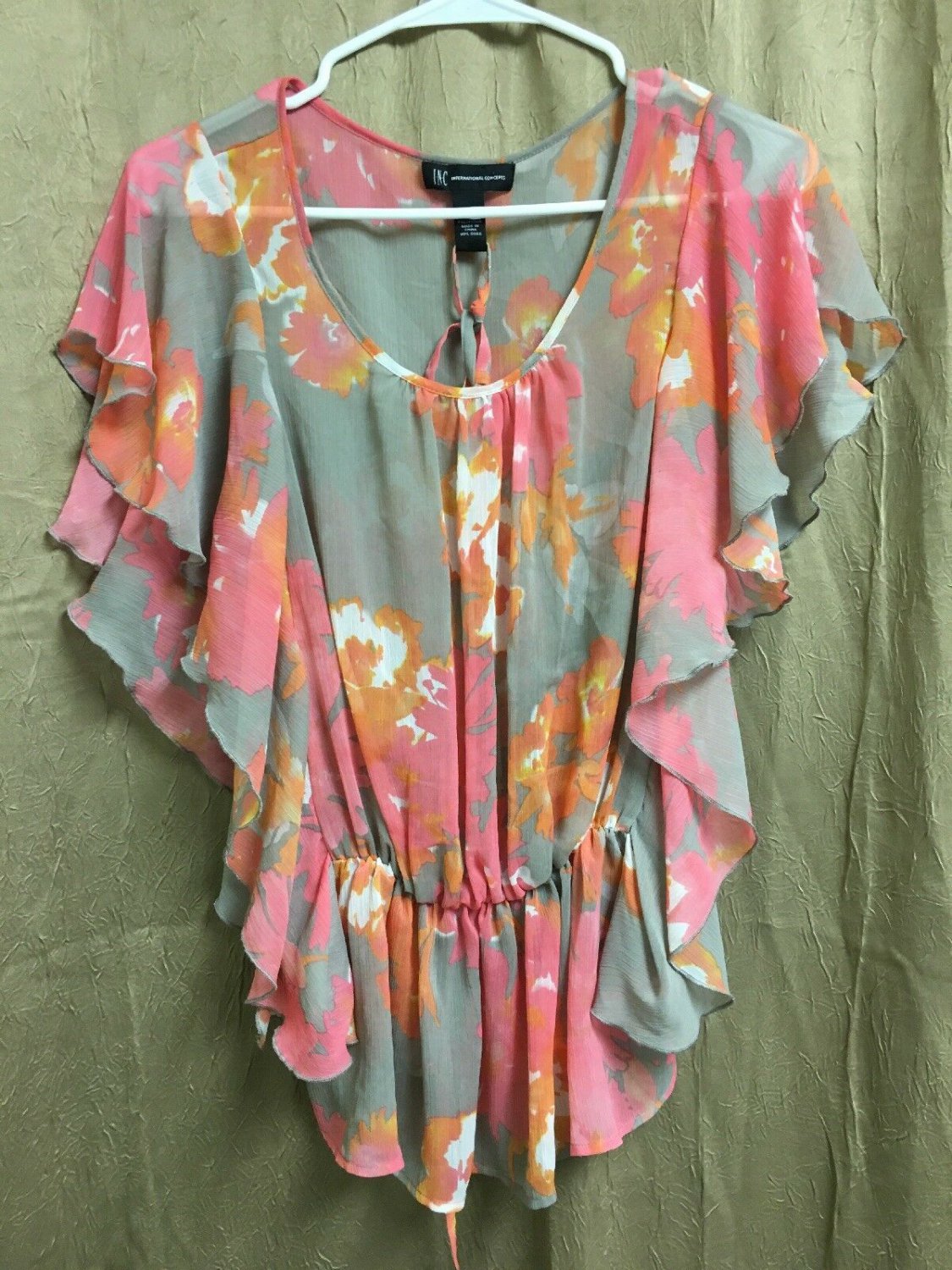 INC Blouse Womens Size 6 Sheer Butterfly Sleeves Elastic Waist