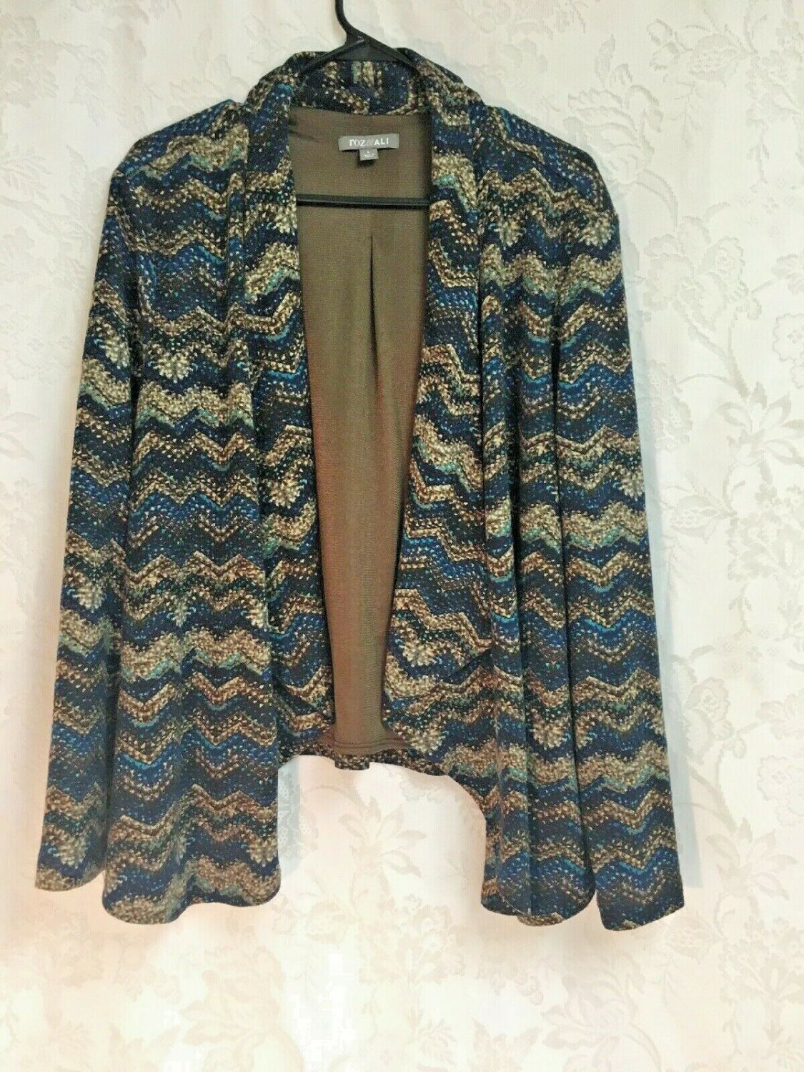 Roz And Ali Open Front Fleece Jacket Cover Sweater Womens L  Blue/brown No Belt