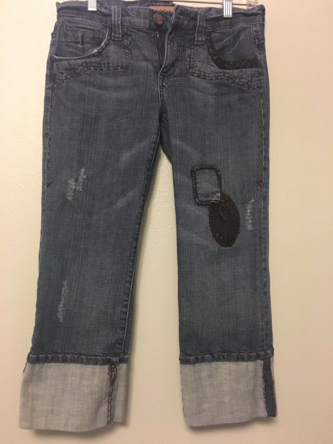 See Thru Soul Jeans Capri Cropped Women's Size 29 Patch Big Cuff