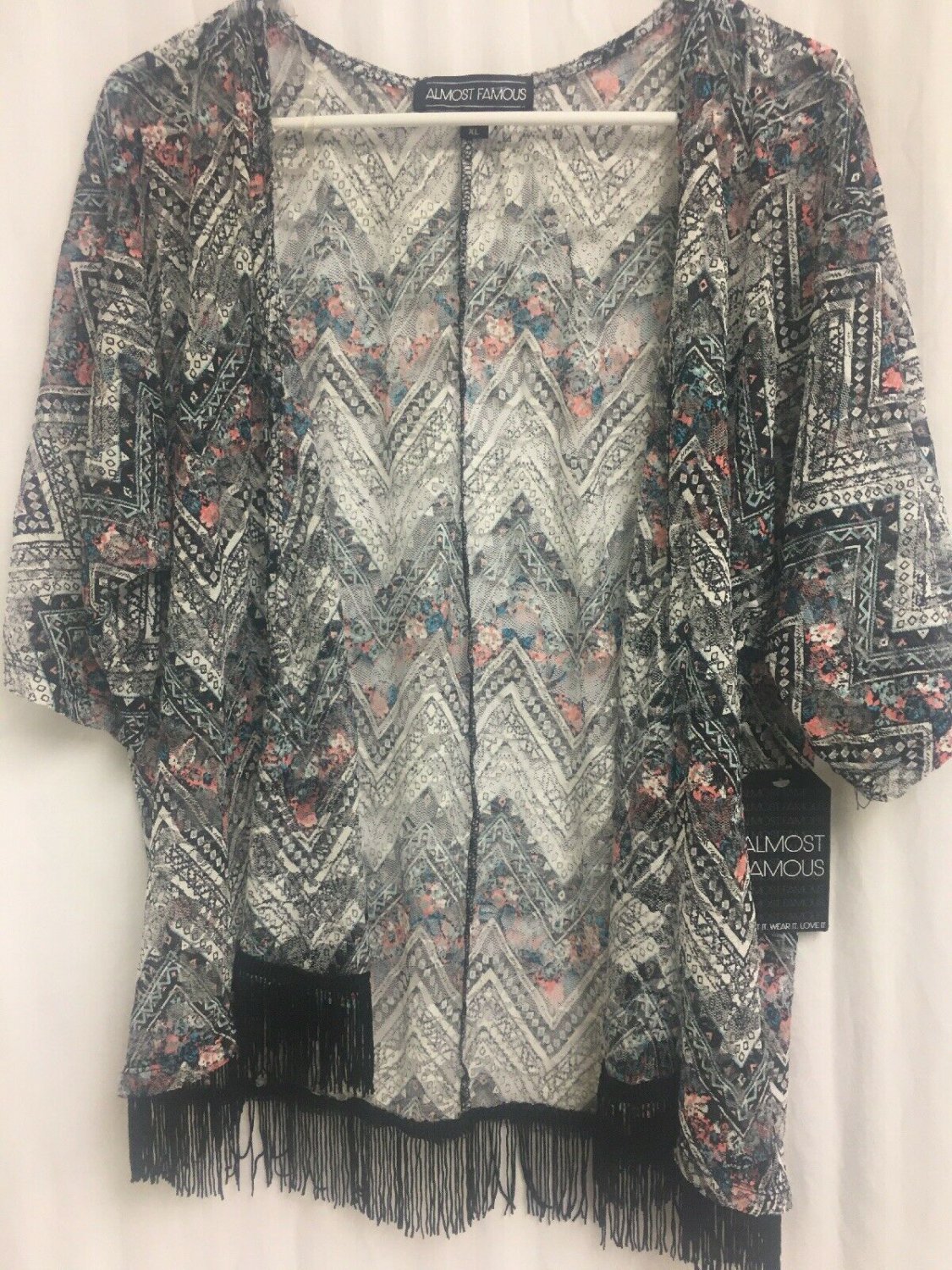 Almost Famous Sheer Cover Top Fringe Womens XL Jacket Short Sleeve Open Front