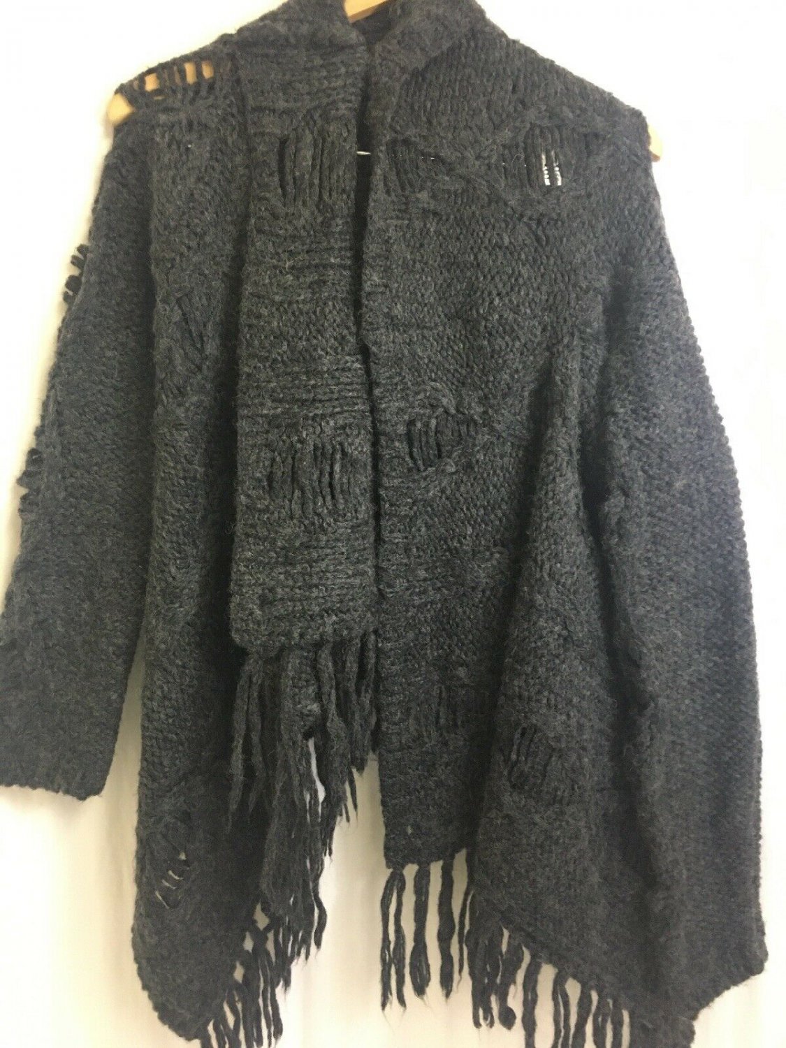 Silver Sweater Shawl Acrylic/wool Open Front Chunky Cardigan Womens Medium Gray