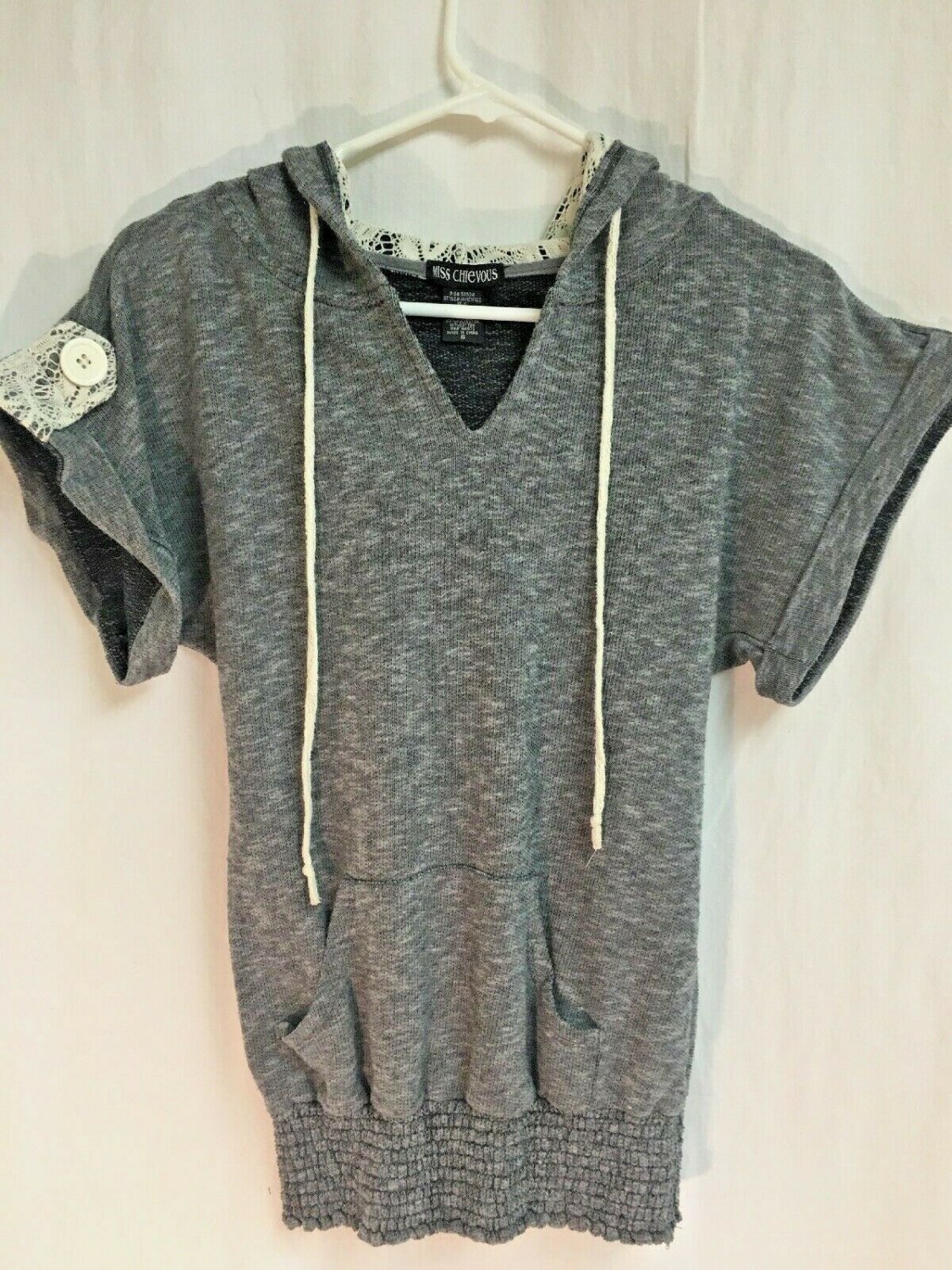 Miss Chievous Sweater Womens Size Small Hooded Gray Lace Elastic Waist