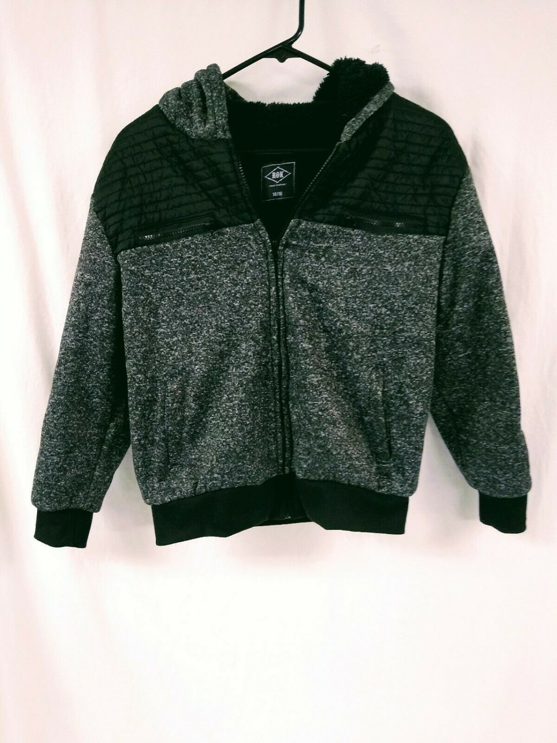 ROK Hand Crafted Black Grey Fleece Lined Quilted jacket Hoodie Kids Size 14/16