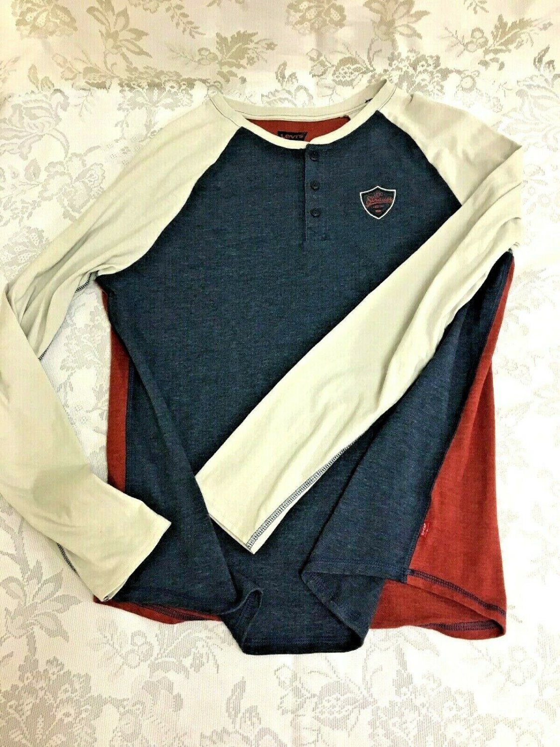 Levis Shirt Mens M Long Sleeve Blue White Red Levi Strauss 3 Button Pullover