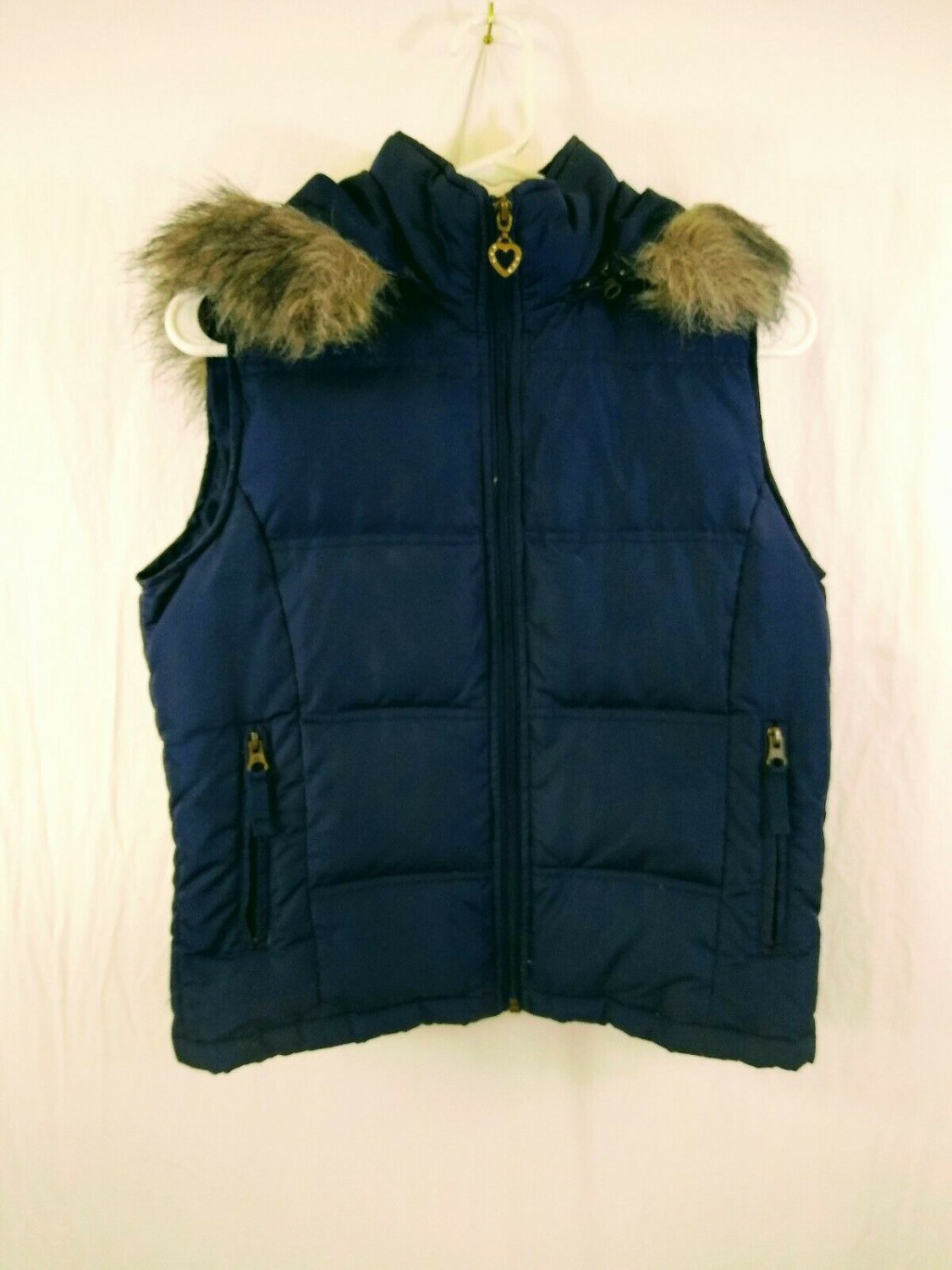 Maurice's Navy Blue Removable Hood Faux Fur Womens Down Vest Size Medium
