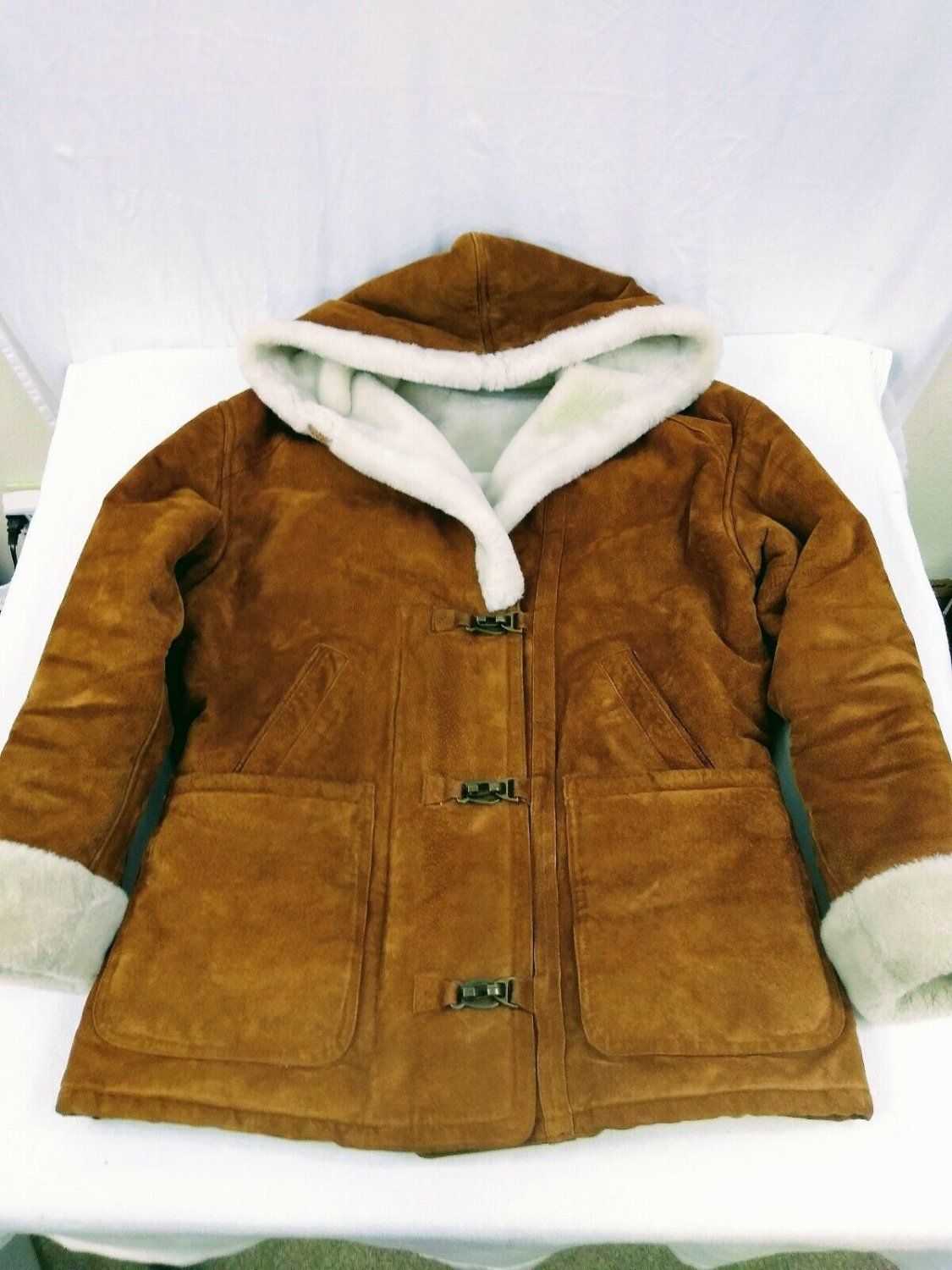 Gallery Coat Suede Leather Jacket Faux Fur Lined Hooded Womens Size Medium