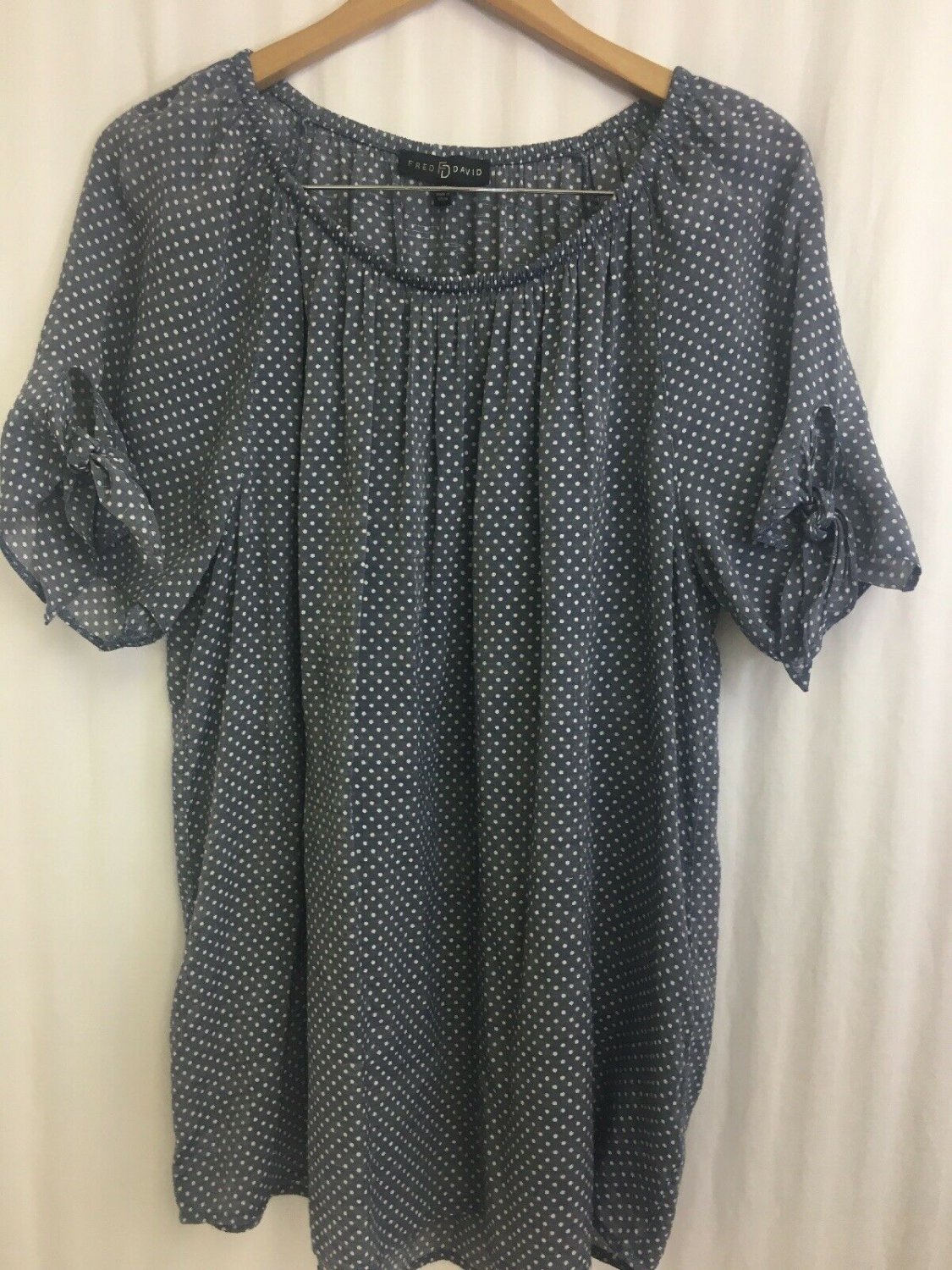 Fred David Blouse Top Polka Dot Pullover Womens 1X Peasant Elastic Neck Sheer