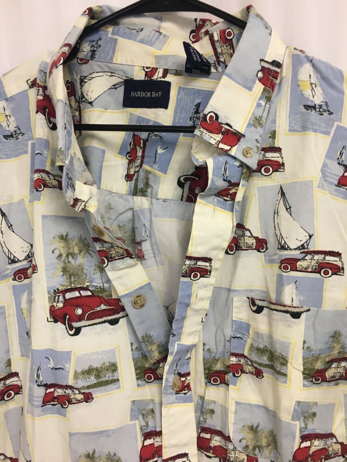 Harbor Bay Button Up Mens 4X TALL Car Woody Wagon Sailboat Cotton Short Sleeve