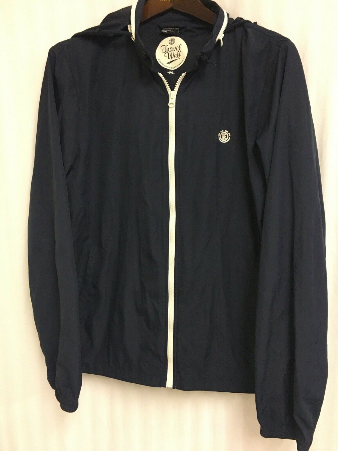 Travel Well Element Jacket Lightweight Windbreaker Shell Mens M Navy Hood Pack