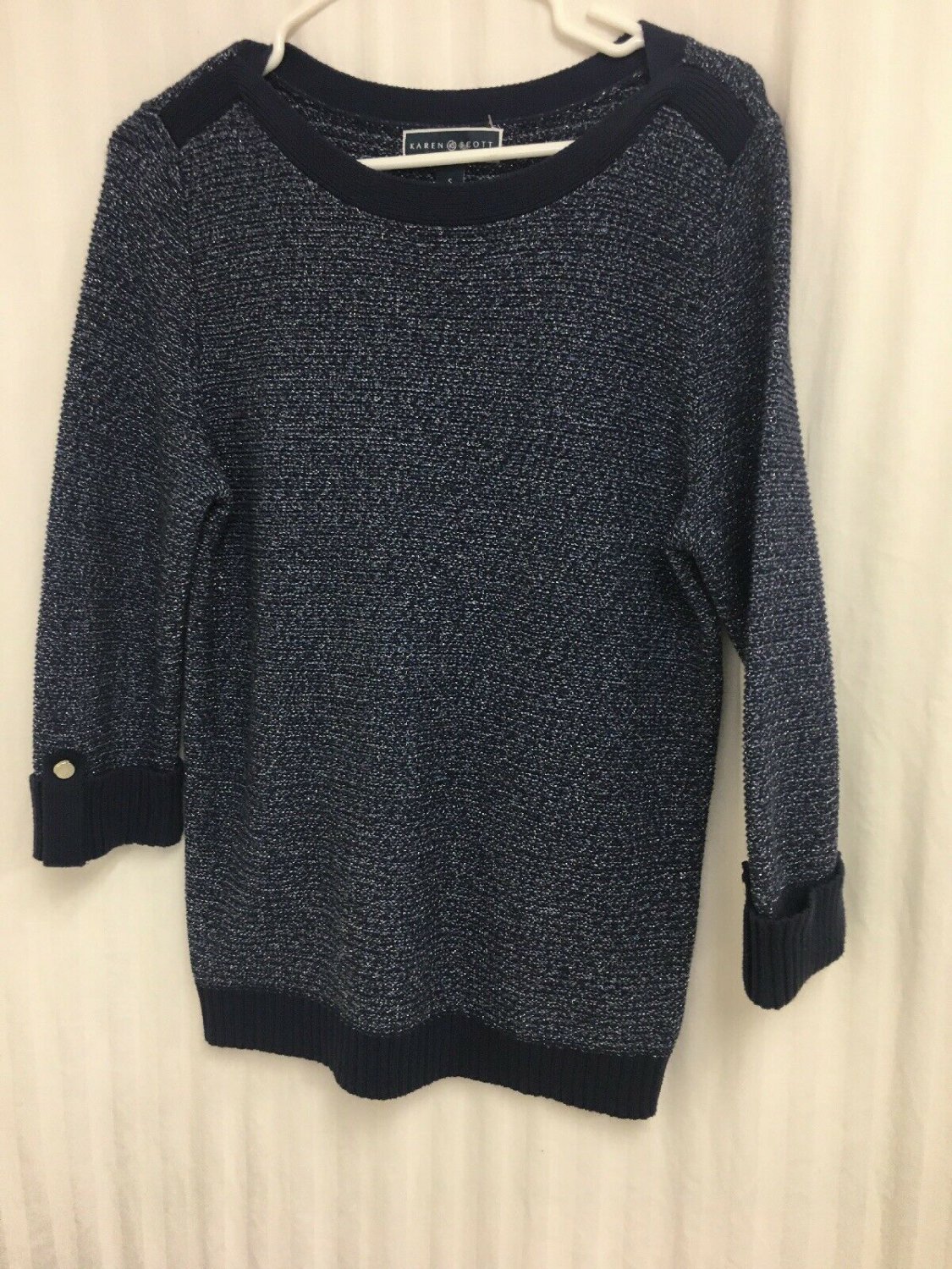 Karen Scott Sweater Blue Silver Metallic Women&acirc;��s Small Ribbed Cuff