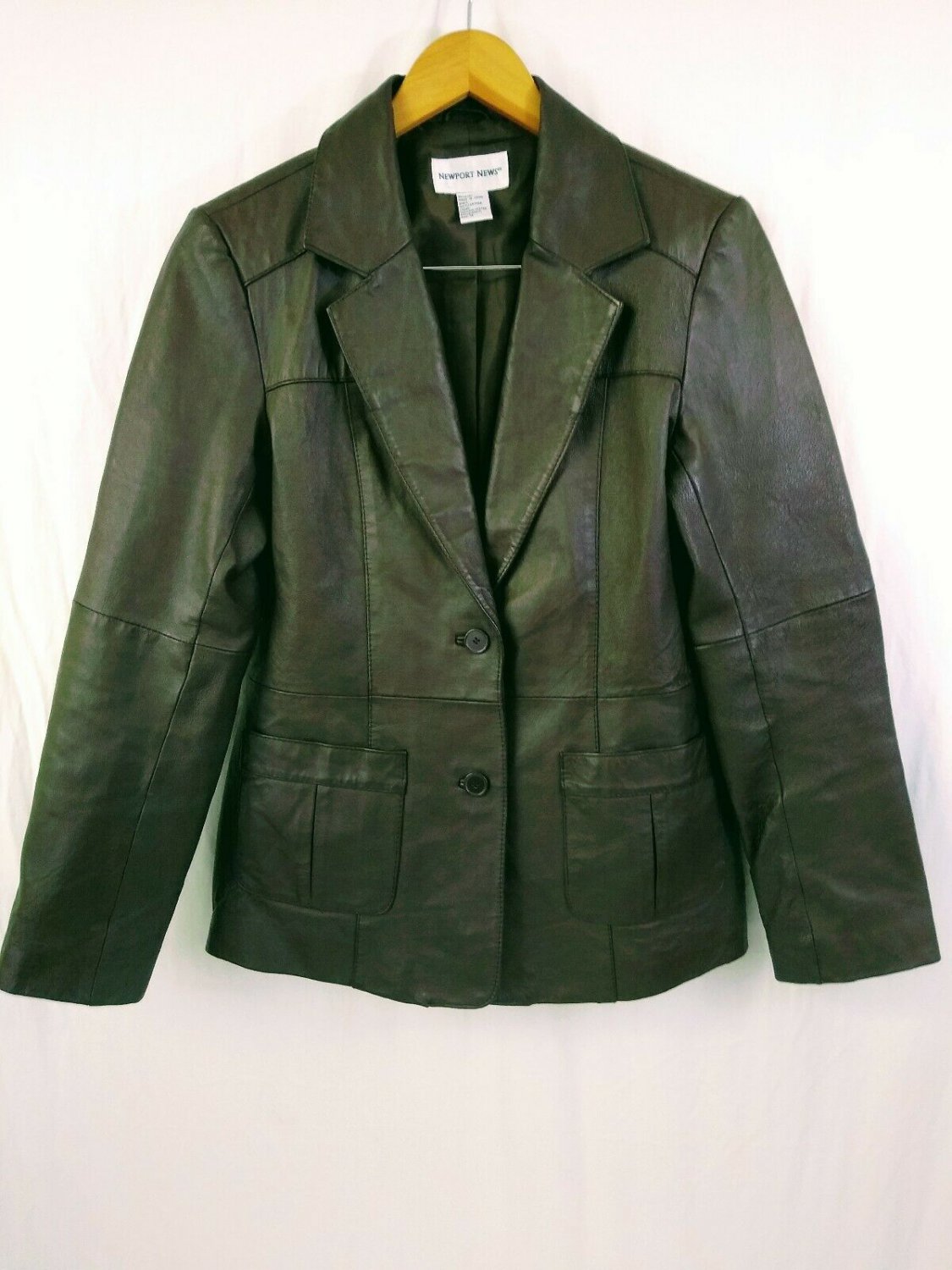 Newport News Brown Leather Womens 2 Button Jacket Polyester Satin Lining Size 10