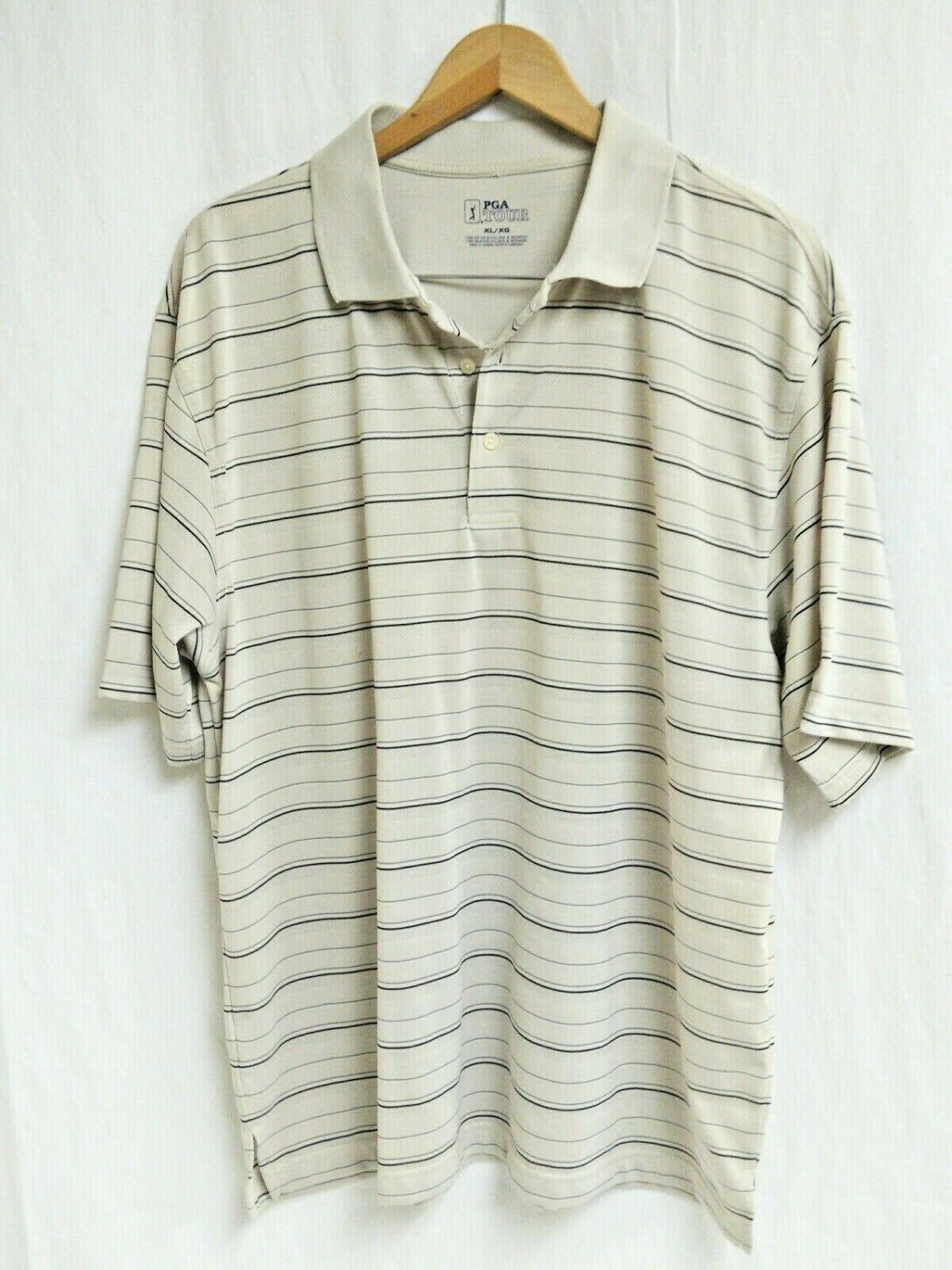 PGA Tour Polo Short Sleeved Golf Shirt Beige Black Striped Mens XL Very Nice