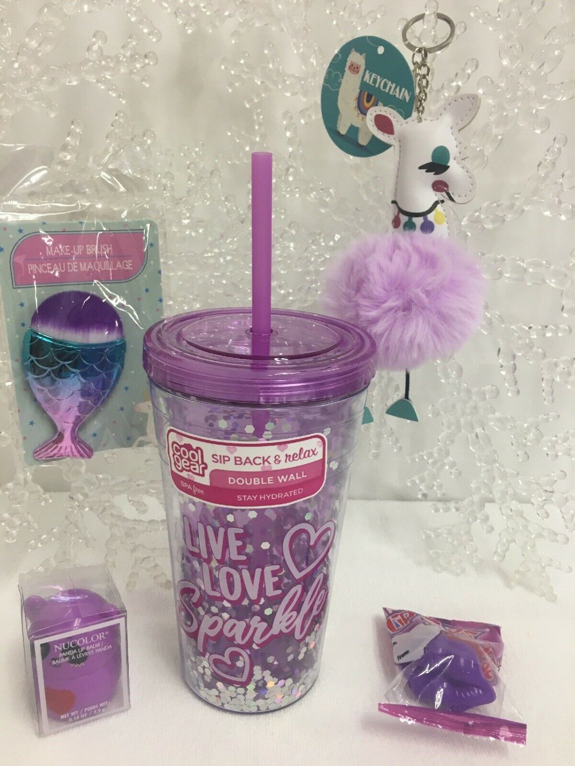 Coll Gear Sparkle Cup Gift Set Keychain Lipgloss Makeup Brush Candy Bday Wed