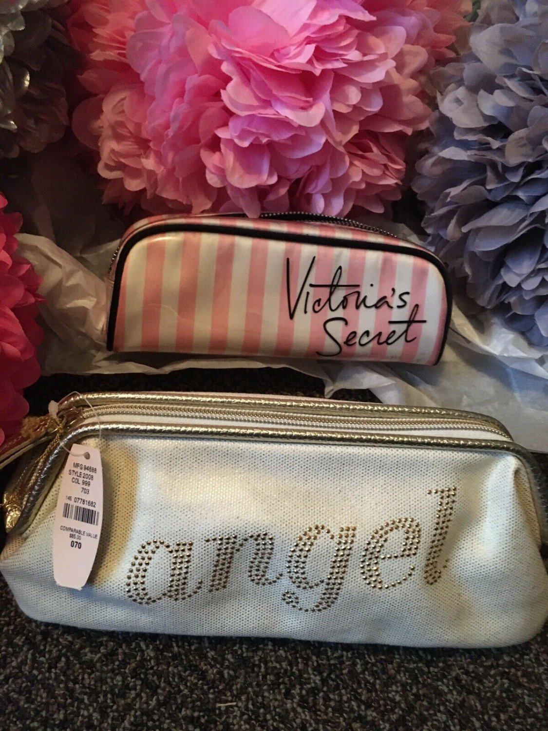 Victorias Secret Cosmetic Makeup Bag Pouch Lot Of 2 Angel Stripe