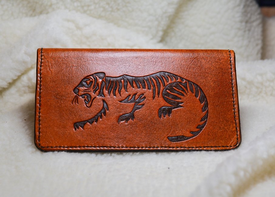 Leather Checkbook Cover with Hand Carved Tiger Silhouette