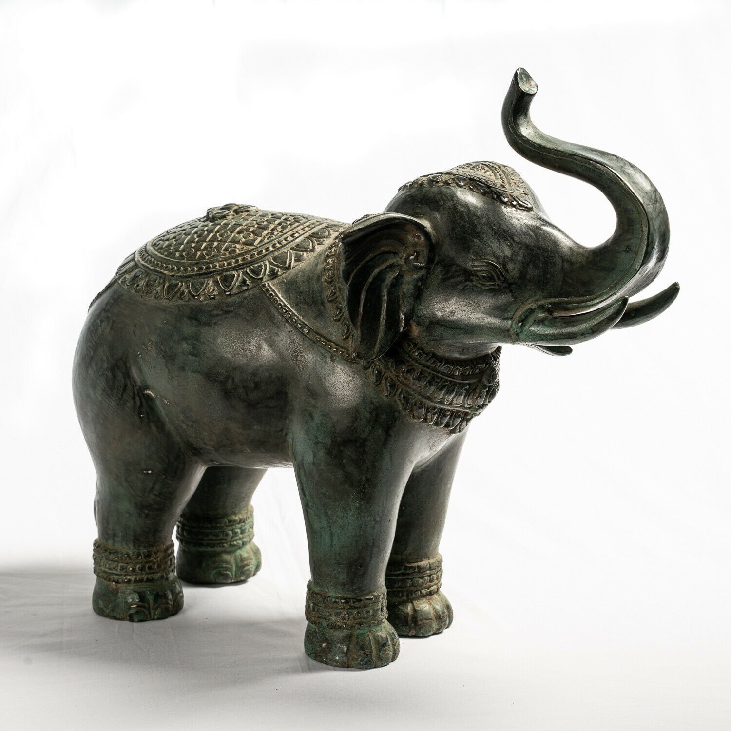 Antique Khmer Style Bronze Trumpeting Elephant Statue - 38cm/15