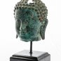 Antique Thai Style Mounted Dvaravati Bronze Buddha Head Statue - 20cm/8"