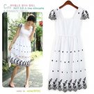 D5-White cap-sleeved dress with black embroidery